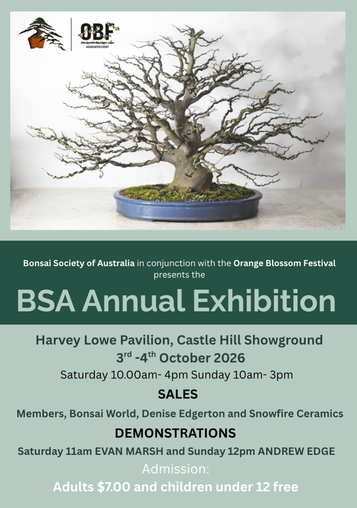 BSA Annual Exhibition
Harvey Lowe Pavilion, Castle Hill Showground
3rd – 4th October 2026
Saturday 10.00am- 4pm Sunday lOam- 3pm
SALES
Members, Bonsai World, Denise Edgerton and Snowfire Ceramics
DEMONSTRATIONS
Saturday 11am EVAN MARSH and Sunday 12pm ANDREW EDGE
ADMISSION
Adults $7.00 and children under 12 is free.